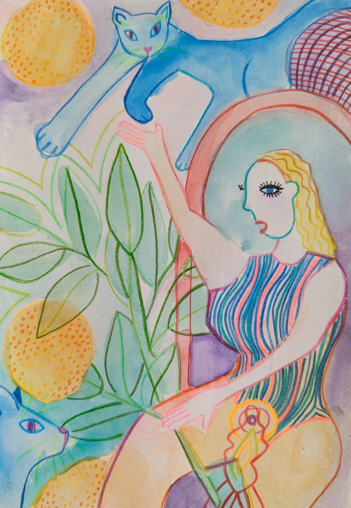 Blood orange, blue cat, 2022, watercolor and colored pencil, 8.5” x 5.5”