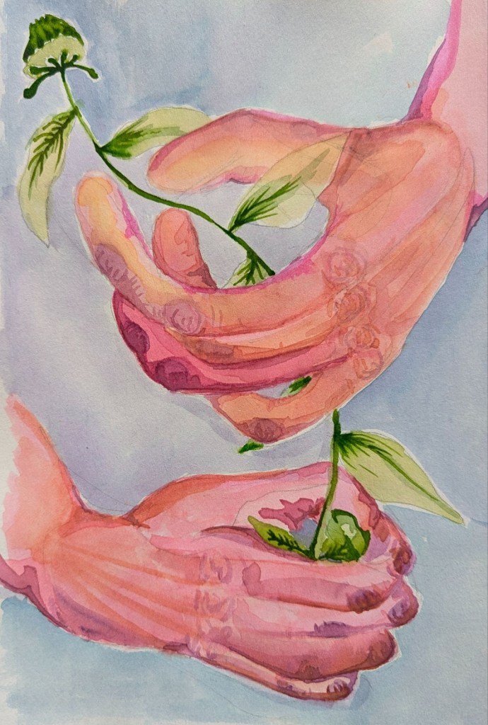 Held, 2024, watercolor, 8.5” x 5.5”