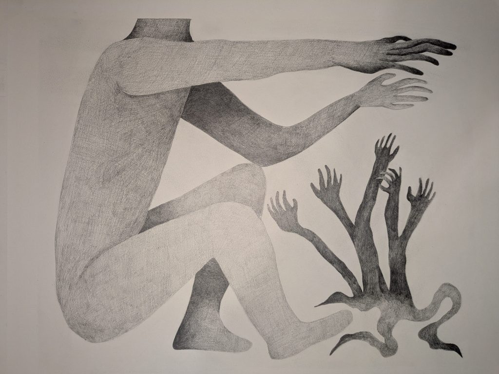 "Burning Bush," pencil on paper, 2026.